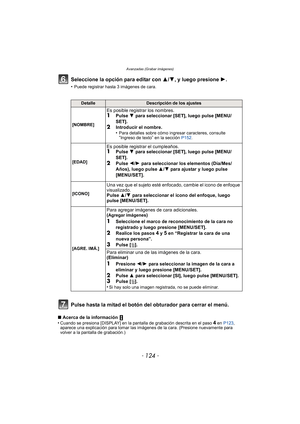 Page 124Avanzadas (Grabar imágenes)
- 124 -
Seleccione la opción para editar con 3/4, y luego presione  1.
•Puede registrar hasta 3 imágenes de cara.
Pulse hasta la mitad el botón del obturador para cerrar el menú.
∫Acerca de la información 
•Cuando se presiona [DISPLAY] en la pantalla de grabación descrita en el paso 4 en  P123 , 
aparece una explicación para tomar las imágenes de la cara. (Presione nuevamente para 
volver a la pantalla de grabación.)
DetalleDescripción de los ajustes
[NOMBRE]
Es posible...
