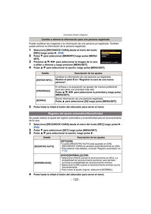 Page 125- 125 -
Avanzadas (Grabar imágenes)
Puede modificar las imágenes o la información de una persona ya registrada. También 
puede eliminar la información de la persona registrada.
1Seleccione [RECONOCE CARA] desde el menú del modo 
[REC] luego pulse  1. (P28)
2Pulse  4 para seleccionar [MEMORY] luego pulse [MENU/
SET].
3Presione  3/4 /2 /1  para seleccionar la imagen de la cara 
a editar o eliminar y luego presione [MENU/SET].
4Pulse  3/4  para seleccionar la opción, luego pulse [MENU/SET].
5Pulse hasta la...
