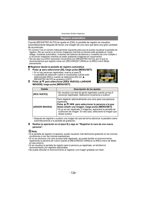Page 126Avanzadas (Grabar imágenes)
- 126 -
Cuando [REGISTRO AUTO] se ajusta en [ON], la pantalla de registro se visualiza 
automáticamente después de tomar una imagen de una cara que tiene una gran cantidad 
de ocurrencias.
•
El número 3 es el número habitualmente requerido para que se pueda visualizar la pantalla de 
registro. (No se cuenta si se toman imágenes mientras la cámara está ajustada en modo 
ráfaga, muestreo automático, muestreo del balance de blancos y muestreo de cine múltiple o 
si se toman...
