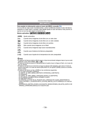 Page 136Avanzadas (Grabar imágenes)
- 136 -
Para ampliar la información sobre el menú del [REC], consulte P28.
A la luz del sol, bajo luces incandescentes u otras condiciones donde el color del blanco 
adquiere un matiz rojizo o azulado, este detalle  ajusta al color del blanco más próximo al 
que se ve con los ojos según la fuente de luz.
Modos aplicables: 
Nota
•
El balance de blancos óptimo diferirá según el tipo de alumbrado halógeno bajo el que se está 
grabando, pues utilice [AWB], [ ] o [ ].
•El balance...