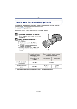 Page 202Otro
- 202 -
OtroUsar la lente de conversión (opcional)
Con las lentes de conversión opcionales, puede grabar imágenes aun más distantes y 
tomar imágenes de primer plano de sujetos pequeños.
Se refiera a P149 para detalles.
Preparación: Saque la tapa de la lente y la cubierta de la lente.
 Coloque el adaptador de la lente.
•Gire el adaptador de la lente de manera lenta 
y cuidadosa.
Una la lente de conversión a 
teleobjetivo.
A Adaptador de la lente (DMW-LA5;  
opcional)
B Lente de conversión a...