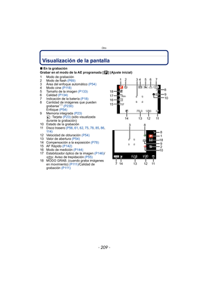 Page 209- 209 -
Otro
OtroVisualización de la pantalla
∫En la grabación
Grabar en el modo de la AE programada [ ] (Ajuste inicial)
1 Modo de grabación
2 Modo de flash  (P69)
3 Área del enfoque automático  (P54)
4 Modo cine  (P118)
5 Tamaño de la imagen  (P133)
6 Calidad  (P134)
7 Indicación de la batería  (P18)
8 Cantidad de imágenes que pueden  grabarse
¢1 (P230)
Enfoque  (P54)
9 Memoria integrada  (P23)
: Tarjeta  (P23) (sólo visualizada 
durante la grabación)
10 Estado de la grabación
11 Disco trasero  (P56,...