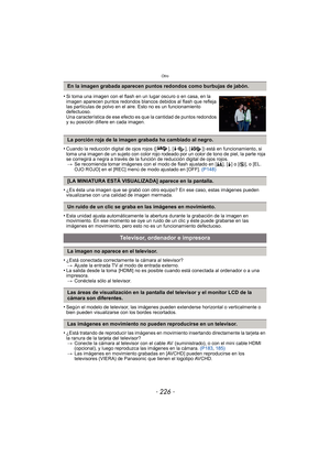 Page 226Otro
- 226 -
•Cuando la reducción digital de ojos rojos ([ ], [ ], [ ]) está en funcionamiento, si 
toma una imagen de un sujeto con color rojo rodeado por un color de tono de piel, la parte roja 
se corregirá a negra a través de la función de reducción digital de ojos rojos.> Se recomienda tomar imágenes con el modo de flash ajustado en [ ‡], [‰] o [ Œ], o [EL. 
OJO ROJO] en el [REC] menú de modo ajustado en [OFF].  (P148)
•¿Es ésta una imagen que se grabó con otro equipo? En ese caso, estas imágenes...