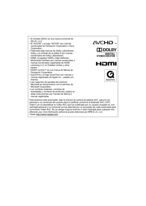 Page 240•El símbolo SDXC es una marca comercial de 
SD-3C, LLC.
•El “AVCHD” y el logo “AVCHD” son marcas  
comerciales de Panasonic Corporation y Sony 
Corporation.
•Fabricado bajo licencia de Dolby Laboratories.
Dolby y el símbolo de la doble D son marcas 
comerciales de Dolby Laboratories.
•HDMI, el logotipo HDMI y High-Definition 
Multimedia Interface son marcas comerciales o 
marcas comerciales registradas de HDMI 
Licensing LLC en Estados Unidos y otros 
países.
•HDAVI Control™ es una marca de fábrica de...