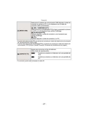 Page 37- 37 -
Preparación
•Cuando está seleccionado [PC], la cámara se conecta por medio del sistema de comunicación 
de “almacenamiento masivo USB”.
•Cuando está seleccionado [PictBridge(PTP)], la cámara se conecta por medio del sistema de 
comunicación “PTP (Picture Transfer Protocol)” (Protocolo de transferencia de imagen).
•Funcionará cuando esté conectado el cable AV.
x [MODO USB]
Seleccione el sistema de comunicación  USB después o antes  de 
conectar la cámara al PC o a la impresora con el cable de...