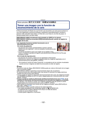 Page 102Grabación
- 102 -
Modos aplicables: 
GrabaciónTomar una imagen con la función de 
reconocimiento de la cara 
El Reconocimiento de Rostro es una función que encuentra una cara que se parezca a 
una cara registrada y prioriza el enfoque y exposición automáticamente. Aunque la 
persona esté colocada hacia atrás o al final  de la una línea en una foto de grupo, la 
cámara puede tomar una foto nítida.
•
Las siguientes funciones también funcionarán con el 
Reconocimiento de la cara.
En modo de grabación...