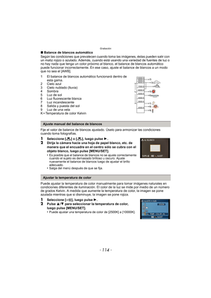 Page 114Grabación
- 114 -
∫Balance de blancos automático
Según las condiciones que prevalecen cuando  toma las imágenes, éstas pueden salir con 
un matiz rojizo o azulado. Además, cuando está usando una variedad de fuentes de luz o 
no hay nada que tenga un color próximo al blanco, el balance de blancos automático 
puede funcionar incorrectamente. En ese caso, ajuste el balance de blancos a un modo 
que no sea el [AWB].
1 El balance de blancos automático funcionará dentro de  esta gama.
2 Cielo azul
3 Cielo...