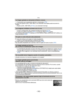 Page 193- 193 -
Otros
>Compruebe que la exposición esté bien compensada.  (P76)•El hecho de ajustar la [VEL. DISP. MIN.] a una velocidad más rápida puede oscurecer la 
imagen.
> Ajuste la [VEL. DISP. MIN.]  (P123) a una velocidad más baja.
> Anule la configuración del muestreo de balance de blancos  (P116).
> Ajuste el muestreo automático  (P77) o el modo de ráfaga  (P78) a [OFF].
•¿El autodisparador está  (P75) ajustado en [10S./3IMAG.] o fijado a [RÁFAGA DE FLASH] en el 
modo de escena  (P92)?
•El rango del...
