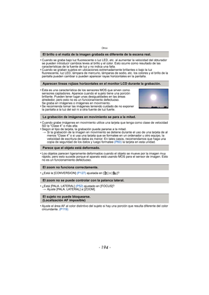 Page 194Otros
- 194 -
•Cuando se graba bajo luz fluorescente o luz LED, etc. al aumentar la velocidad del obturador 
se pueden introducir cambios leves al brillo y el color. Esto ocurre como resultado de las 
características de la fuente de luz y no indica una falla.
•Cuando se graban sujetos en ubicaciones extremadamente brillantes o bajo la luz 
fluorescente, luz LED, lámpara de mercurio, lámparas de sodio, etc. los colores y el brillo de la 
pantalla pueden cambiar o pueden aparecer rayas horizontales en la...