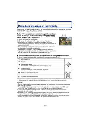 Page 42Básico
- 42 -
Reproducir imágenes en movimiento
Esta unidad se diseñó para reproducir las imágenes en movimiento usando los formatos 
AVCHD, MP4 y QuickTime Motion JPEG.
∫ Operaciones realizadas durante la reproducción de imágenes en movimiento
El cursor visualizado durante la reproducción corresponde a  3/4/2/1.
¢ La velocidad de avance/rebobinado rápido aumenta si presiona  1/2 nuevamente.
Nota
•Usando una tarjeta de memoria de alta capacidad, es posible que el rebobinado rápido sea 
más lento de lo...
