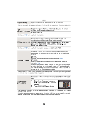 Page 52Básico
- 52 -
•Cuando conecta la cámara a un televisor, el volumen de los respectivos altavoces no cambia.
•Remítase a P100 para ampliar la información.
•Remítase a  P108 para ampliar la información sobre el menú del modo [REC].
•El enfoque no se puede ajustar levemente con AF bloqueado cuando se graban imágenes en 
movimiento en el modo automático inteligente.
•Esto ajustará el monitor LCD cuando se está usando el monitor LCD, y ajustará el visor cuando 
se está usando el visor.
•Es posible que algunos...