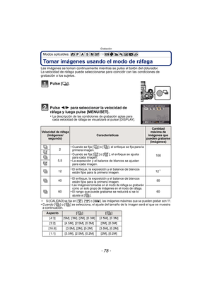 Page 78Grabación
- 78 -
Modos aplicables: 
Tomar imágenes usando el modo de ráfaga
Las imágenes se toman continuamente mientras se pulsa el botón del obturador.
La velocidad de ráfaga puede seleccionarse para coincidir con las condiciones de 
grabación o los sujetos.
Pulse [˜].
Pulse 2/ 1 para seleccionar la velocidad de 
ráfaga y luego pulse [MENU/SET].
•La descripción de las condiciones de grabación aptas para 
cada velocidad de ráfaga se visualizará al pulsar [DISPLAY].
¢
Si [CALIDAD] se fija en [ ], [ ] o [...