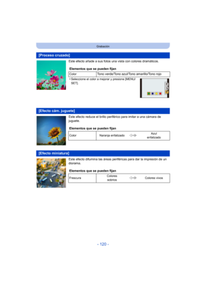 Page 120- 120 -
Grabación
Este efecto añade a sus fotos una vista con colores dramáticos.
Este efecto reduce el brillo periférico para imitar a una cámara de 
juguete.
Este efecto difumina las áreas perif éricas para dar la impresión de un 
diorama.
[Proceso cruzado]
Elementos que se pueden fijan
ColorTono verde/Tono azul/Tono amarillo/Tono rojo
•
Seleccione el color a mejorar y presione [MENU/
SET].
[Efecto cám. juguete]
Elementos que se pueden fijan
Color Naranja enfatizado Azul 
enfatizado
[Efecto miniatura]...
