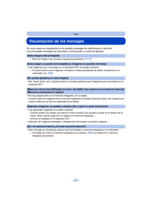 Page 207- 207 -
Otros
Visualización de los mensajes
En unos casos se visualizarán en la pantalla mensajes de confirmación o de error.
Los principales mensajes se describen a continuación a modo de ejemplo.
[Esta imagen está protegida]
>Borre la imagen tras cancelar el ajuste de protección.  (P173)
[Esta imagen no puede borrarse]/[Unas imágenes no pueden borrarse]
•
Las imágenes que no se basan en el estándar DCF no pueden borrarse.
> Si quiere borrar unas imágenes, formatee la tarjeta guardando las datos...