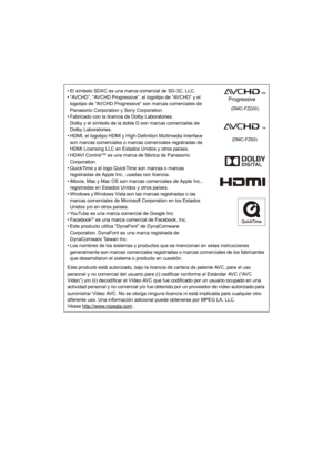Page 220•El símbolo SDXC es una marca comercial de SD-3C, LLC.
•“AVCHD”, “AVCHD Progressive”, el logotipo de “AVCHD” y el 
logotipo de “AVCHD Progressive” son marcas comerciales de 
Panasonic Corporation y Sony Corporation.
•Fabricado con la licencia de Dolby Laboratories. 
Dolby y el símbolo de la doble D son marcas comerciales de 
Dolby Laboratories.
•HDMI, el logotipo HDMI y High-Definition Multimedia Interface 
son marcas comerciales o marcas comerciales registradas de 
HDMI Licensing LLC en Estados Unidos y...