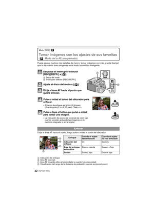 Page 22VQT1S37 (SPA)22
Modo [REC]: ³
Tomar imágenes con los ajustes de sus favoritas 
( : Modo de la AE programada)
Puede ajustar muchos más detalles de menú y tomar imágenes con más grande libertad 
que la de cuando toma imágenes en el modo automático inteligente.
Desplace el interruptor selector 
[REC]/[REPR.] a [!].
A Disco del modo
B Interruptor selector [REC]/[REPR.]
Ajuste el disco del modo a  [ ].
Dirija el área AF hacia el punto que 
quiere enfocar.
Dirija el área AF hacia el sujeto, luego pulse a mitad...