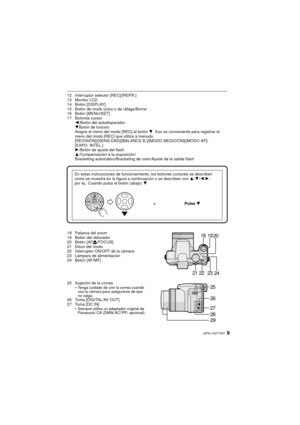 Page 99(SPA) VQT1S37
12 Interruptor selector [REC]/[REPR.]  
13 Monitor LCD
14 Botón [DISPLAY]
15 Botón de modo único o de ráfaga/Borrar
16 Botón [MENU/SET]
17 Botones cursor2/Botón del autodisparador
4Botón de función
Asigne el menú del modo [REC] al botón  4. Eso es conveniente para registrar el 
menú del modo [REC] que utiliza a menudo.
[REVISIÓN]/[SENS.DAD]/[BALANCE B.]/[MODO MEDICIÓN]/[MODO AF]/
[EXPO. INTEL.]
1/Botón de ajuste del flash
3/Compensación a la exposición/
Bracketing automático/Bracketing de...