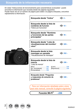 Page 22
Búsqueda de la información necesaria
En estas “Instrucciones de funcionamiento para características ava\
nzadas”, puede 
encontrar la información que necesita desde las páginas siguientes\
.
Puede hacer clic en un número de página para saltar a la página\
 enlazada y encontrar 
rápidamente la información.
Búsqueda desde “Índice”4 -
Búsqueda desde la lista de 
nombres de función
“Índice por funciones”12 -
Búsqueda desde “Nombres 
y funciones de las partes 
principales”18 -
Búsqueda desde “Lista de...