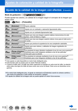 Page 11311 3
Ajustes de coloración y calidad de la fotografíaAjuste de la calidad de la imagen con efectos  
[Fotoestilo]
Modo de grabación: 
Puede ajustar los colores y la calidad de la imagen según el concepto\
 de la imagen que 
desee crear.
 →  [Rec] → [Fotoestilo]
[Estándar] Ajuste estándar.
[Vívido]*1Ajuste con un contraste y saturación ligeramente altos.
[Natural]*1Ajuste con un contraste ligeramente bajo.
[Monocromo]Ajuste que crea una imagen usando matices monocromos de solo 
grises, como el blanco y...