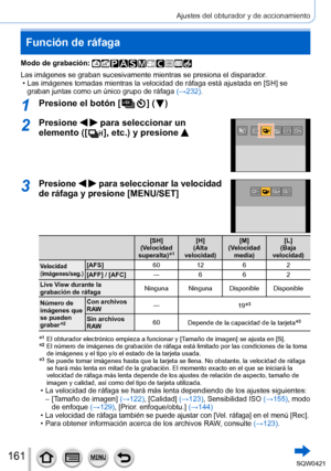 Page 161161
Ajustes del obturador y de accionamiento
Función de ráfaga
Modo de grabación: 
Las imágenes se graban sucesivamente mientras se presiona el disparad\
or. • Las imágenes tomadas mientras la velocidad de ráfaga está ajust\
ada en [SH] se graban juntas como un único grupo de ráfaga  (→
232).
1Presione el botón [  ] (  )
2Presione   para seleccionar un 
elemento ([
  ], etc.) y presione 
3Presione   para seleccionar la velocidad 
de ráfaga y presione [MENU/SET]
[SH]
(Velocidad 
superalta)
*1
[H]
(Alta...