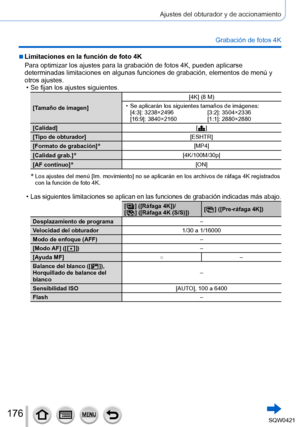 Page 176176
Ajustes del obturador y de accionamiento
Grabación de fotos 4K
 ■Limitaciones en la función de foto 4K
Para optimizar los ajustes para la grabación de fotos 4K, pueden apli\
carse 
determinadas limitaciones en algunas funciones de grabación, elemento\
s de menú y 
otros ajustes.
 • Se fijan los ajustes siguientes.
[Tamaño de imagen][4K] (8 M) • Se aplicarán los siguientes tamaños de imágenes:
[4:3]: 3238×2496 [3:2]: 3504×2336
[16:9]: 3840×2160 [1:1]: 2880×2880
[Calidad] [
  ]
[T
ipo de obturador]...