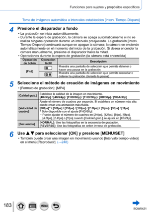 Page 183183
Funciones para sujetos y propósitos específicos
Toma de imágenes automática a intervalos establecidos [Interv. Tiempo-Disparo] 
4Presione el disparador a fondo
 • La grabación se inicia automáticamente. • Durante la espera de grabación, la cámara se apaga automáticame\
nte si no se realiza ninguna operación durante un intervalo preajustado. La grabac\
ión [Interv
. 
Tiempo-Disparo] continuará aunque se apague la cámara; la cámara se enciende \
automáticamente en el momento del inicio de la...