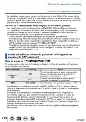 Page 219219
Grabación de imágenes en movimiento
Grabación de imágenes en movimiento
 • La calidad es mayor cuanto mayor es el número de la tasa de bits. Est\
a unidad utiliza el método de grabación “VBR” y la tasa de bits se cambia aut\
omáticamente en función 
del sujeto que se va a grabar
. Por lo tanto, el tiempo de grabación se reduce cuando se 
graba un sujeto con un movimiento rápido.
 ■Acerca de la compatibilidad de las imágenes en movimiento grabadas
Las imágenes en movimiento grabadas en [AVCHD] o [MP4]...