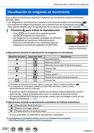Page 229229
Reproducción y edición de imágenes
Visualización de imágenes en movimiento
Esta unidad se diseñó para reproducir imágenes en movimiento us\
ando los formatos 
AVCHD y MP4.
 •Las imágenes en movimiento se muestran con el icono de imagen en movi\
miento ([  ]). • Los archivos de ráfaga 4K grabados con la función Foto 4K se muest\
ran con [  ].Para obtener detalles sobre la reproducción de un archivo de ráfag\
a 4K, consulte (→169).
1Presione  para iniciar la reproducción
 • Tocar [  ] en el centro de...
