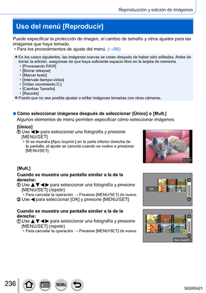 Page 236236
Reproducción y edición de imágenes
Uso del menú [Reproducir]
Puede especificar la protección de imagen, el cambio de tamaño y o\
tros ajustes para las 
imágenes que haya tomado.
 • Para los procedimientos de ajuste del menú. (→

56)
 ●En los casos siguientes, las imágenes nuevas se crean después de h\
aber sido editadas. Antes de 
iniciar la edición, asegúrese de que haya suficiente espacio libre\
 en la tarjeta de memoria.
 • [Procesando RA

W]
 • [Borrar retoque] • [Marcar texto] • [Intervalo...