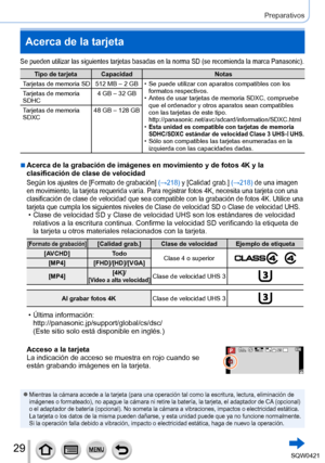 Page 2929
Preparativos
Acerca de la tarjeta
Se pueden utilizar las siguientes tarjetas basadas en la norma SD (se recomienda la marca Panasonic).
Tipo de tarjeta CapacidadNotas
Tarjetas de memoria SD 512 MB – 2 GB
 • Se puede utilizar con aparatos compatibles con los  formatos respectivos.
 • Antes de usar tarjetas de memoria SDXC, compruebe que el ordenador y otros aparatos sean compatibles 
con las tarjetas de este tipo.
http://panasonic.net/avc/sdcard/information/SDXC.html
 •Esta unidad es compatible con...