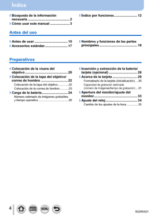Page 44
Índice
 ■Búsqueda de la información 
necesaria ............................................. 2
 ■Cómo usar este manual ....... ..............3
 ■Antes de usar ....... .............................15
 ■Accesorios estándar ........ .................17
Antes del uso
 ■Nombres y funciones de las partes 
principales .......
.................................. 18
Preparativos
 ■Colocación de la visera del  
objetivo .......
....................................... 20
 ■Colocación de la tapa del objetivo/...