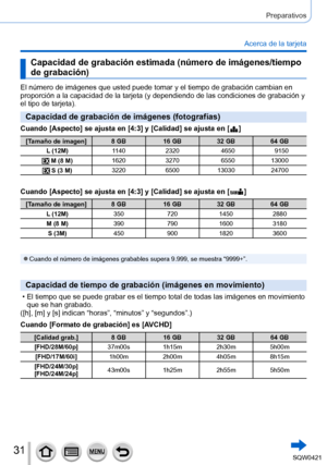 Page 3131
Preparativos
Acerca de la tarjeta
Capacidad de grabación estimada (número de imágenes/tiempo 
de grabación)
El número de imágenes que usted puede tomar y el tiempo de grabaci\
ón cambian en 
proporción a la capacidad de la tarjeta (y dependiendo de las condic\
iones de grabación y 
el tipo de tarjeta).
Capacidad de grabación de imágenes (fotografías)
Cuando [Aspecto] se ajusta en [4:3] y [Calidad] se ajusta en [  ]
[Tamaño de imagen] 8 GB16 GB32 GB64 GB
L (12M) 11402320 46509150
 M (8 M) 1620
3270...