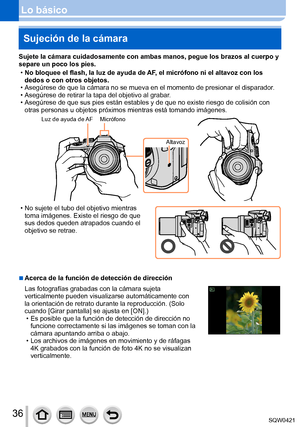 Page 3636
Lo básicoSujeción de la cámara
Sujete la cámara cuidadosamente con ambas manos, pegue los brazos al \
cuerpo y 
separe un poco los pies.
 • No bloquee el flash, la luz de ayuda de 

AF, el micrófono ni el altavoz con los 
dedos o con otros objetos.
 • Asegúrese de que la cámara no se mueva en el momento de presionar \
el disparador

.
 • Asegúrese de retirar la tapa del objetivo al grabar

.
 • Asegúrese de que sus pies están estables y de que no existe riesgo\
 de colisión con otras personas u...