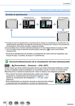 Page 4949
Lo básico
Botones/selectores/palancas usados para la grabación
Durante la reproducción
Con informaciónVisualización de 
información detallada*1Visualización de  histograma*1Sin información 
([Destacar])*1, *2, *3
100-0001AM10:00   DIC. 1.2015100-0001
1/98
R
G B
Y
Sin información*3
*1   Durante el zoom de reproducción, la reproducción de imagen en movi\
miento, la reproducción con 
desplazamiento automático de imágenes panorámicas, la reproducc\
ión continua o la presentación 
de diapositivas: Solo...