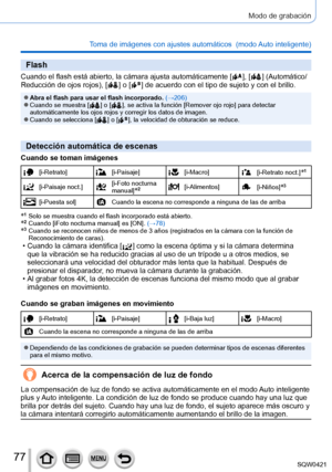 Page 7777
Modo de grabación
Toma de imágenes con ajustes automáticos  (modo Auto inteligente) 
Flash
Cuando el flash está abierto, la cámara ajusta automáticamente \
[  ], [  ] (Automático/
Reducción de ojos rojos), [  ] o [  ] de acuerdo con el tipo de sujeto y  con el brillo.
 ●Abra el flash para usar el flash incorporado.  (→206) ●Cuando se muestra [  ] o [  ], se activa la función [Remover ojo rojo] para detectar 
automáticamente los ojos rojos y corregir los datos de imagen.
 ●Cuando se selecciona [  ] o [...