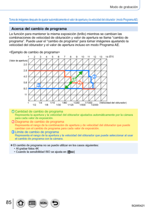 Page 8585
Modo de grabación
Toma de imágenes después de ajustar automáticamente el valor de apertura y la velocidad del obturador  (modo Programa AE)
Acerca del cambio de programa
La función para mantener la misma exposición (brillo) mientras se cambian las 
combinaciones de velocidad de obturación y valor de apertura se llama\
 “cambio de 
programa”. Puede usar el “cambio de programa” para tomar imá\
genes ajustando la 
velocidad del obturador y el valor de apertura incluso en modo Programa \
AE.

2.0
2.8
4.0...