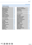 Page 338338
Otros
Lista de menús
 [Personalizar]
[Memo. Ajus. Personal]→111
[Modo silencioso] →191
[AF/AE bloqueado] →152
[Mant. AF/AE Bloq. ]→152
[AF disparador] →143
[Pulsar a 1/2 obtu.] →143
[AF rápido] →143
[Sensor de ojo AF] →51
[Tiempo enf. AF prec.] →140
[Mostrar enf. AF prec.] →140
[Lámp. ayuda AF] →144
[Área enfoque dto.] →137
→148
[Prior. enfoque/obtu.] →144
[AF / MF] →144
[Ayuda MF] →150
[Mostrar ayuda MF] →148
[Guía MF] →150
[Contornos máximos] →151
[Histograma] →47
[Línea guía] →48
[Marcador centro]...