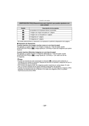 Page 189- 189 -
Conexión a otro equipo
•No puede seleccionarse un elemento si la impresora no admite la disposición de la página.
∫Impresión de disposición
Cuando imprime una imagen muchas veces en una hoja de papel
Por ejemplo, si quiere imprimir una im agen 4 veces en 1 hoja de papel, ajuste 
[DISPOSICIÓN PÁG] a [ ä] y luego ajuste [N. COPIAS] a 4 para las imágenes que quiere 
imprimir.
Cuando imprime diferentes imágenes en una hoja de papel
Por ejemplo, si quiere imprimir 4 imágenes diferentes en 1 hoja de...