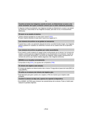 Page 214Otro
- 214 -
•A algunos niveles de ampliación, las imágenes tomadas se distorsionan un poco o se coloran 
los contornos y otras áreas en las imágenes tomadas, pero esto no es un funcionamiento 
defectuoso.
•¿Está la cámara ajustada en el modo zoom macro? (P72)
El zoom máximo durante el modo zoom macro es el digital de 3 k.
•Cuando lleva a cabo una operación después de tomar una determinada imagen, las imágenes 
podrían grabarse en carpetas con diferentes números de los usados antes de la operación....