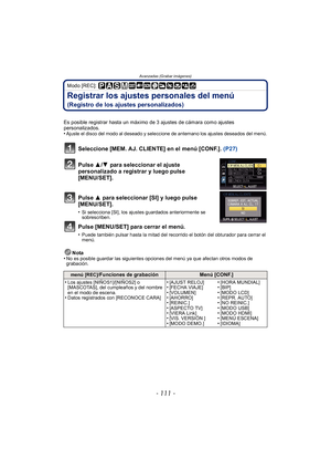 Page 111- 111 -
Avanzadas (Grabar imágenes)
Modo [REC]: 
Registrar los ajustes personales del menú 
(Registro de los ajustes personalizados)
Es posible registrar hasta un máximo de 3 ajustes de cámara como ajustes 
personalizados.
•
Ajuste el disco del modo al deseado y seleccione de antemano los ajustes deseados del menú.
Seleccione [MEM. AJ. CLIENTE] en el menú [CONF.]. (P27)
Pulse  3/4  para seleccionar el ajuste 
personalizado a registrar y luego pulse 
[MENU/SET].
Pulse  3 para seleccionar [SI] y luego...