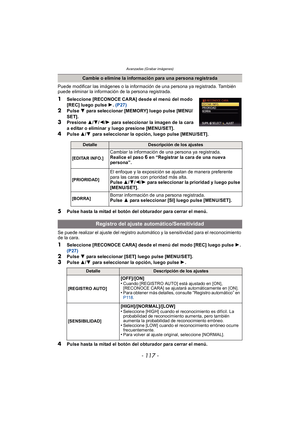 Page 117- 117 -
Avanzadas (Grabar imágenes)
Puede modificar las imágenes o la información de una persona ya registrada. También 
puede eliminar la información de la persona registrada.
1Seleccione [RECONOCE CARA] desde el menú del modo 
[REC] luego pulse 1. (P27)
2Pulse  4 para seleccionar [MEMORY] luego pulse [MENU/
SET].
3Presione  3/4/ 2/1 para seleccionar la imagen de la cara 
a editar o eliminar y luego presione [MENU/SET].
4Pulse  3/4 para seleccionar la opción, luego pulse [MENU/SET].
5Pulse hasta la...