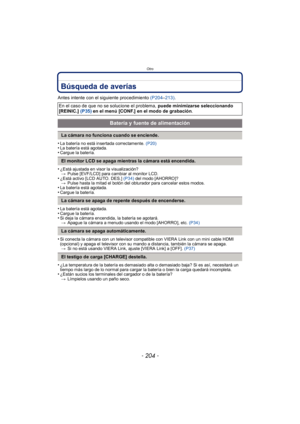 Page 204Otro
- 204 -
Búsqueda de averías
Antes intente con el siguiente procedimiento (P204–213) .
•
La batería no está insertada correctamente.  (P20)•La batería está agotada.•Cargue la batería.
•¿Está ajustada en visor la visualización?
> Pulse [EVF/LCD] para cambiar al monitor LCD.
•¿Está activo [LCD AUTO. DES.]  (P34) del modo [AHORRO]?
> Pulse hasta la mitad el botón del obturador para cancelar estos modos.
•La batería está agotada.•Cargue la batería.
•La batería está agotada.•Cargue la batería.•Si deja la...