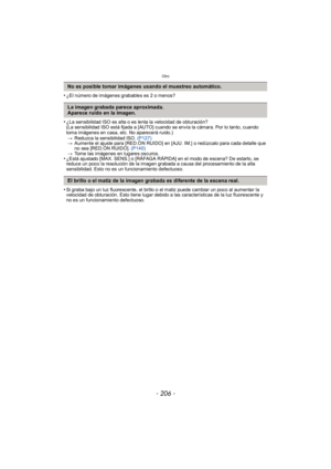 Page 206Otro
- 206 -
•¿El número de imágenes grabables es 2 o menos?
•¿La sensibilidad ISO es alta o es lenta la velocidad de obturación?
(La sensibilidad ISO está fijada a [AUTO] cuando se envía la cámara. Por lo tanto, cuando 
toma imágenes en casa, etc. No aparecerá ruido.)> Reduzca la sensibilidad ISO.  (P127)
> Aumente el ajuste para [RED.ÓN RUIDO] en [AJU. IM.] o redúzcalo para cada detalle que 
no sea [RED.ÓN RUIDO].  (P140)
> Tome las imágenes en lugares oscuros.
•¿Está ajustado [MAX. SENS.] o [RÁFAGA...
