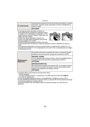 Page 33- 33 -
Preparación
•Si hay algunas áreas saturadas en blanco, le 
recomendamos que compense la exposición hacia 
el negativo (P76) refiriéndose al histograma  (P65) y 
luego volviendo a tomar la imagen. Puede salir una 
imagen de mejor calidad.
•Puede haber áreas saturadas en blanco si la 
cámara y el sujeto están demasiado cerca cuando 
toma las imágenes con el flash. 
Si [DESTACAR] está ajustado en [ON] en este caso, 
el área directamente iluminada por el flash se saturará en blanco y destellará en...