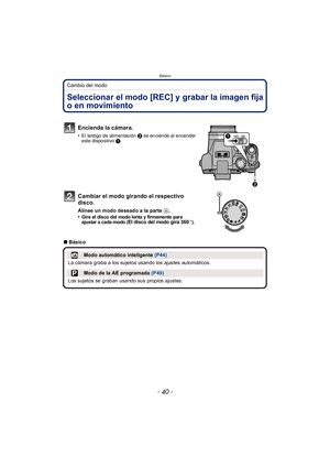 Page 40Básico
- 40 -
Cambio del modo
BásicoSeleccionar el modo [REC] y grabar la imagen fija 
o en movimiento
Encienda la cámara.
•El testigo de alimentación 2 se enciende al encender 
este dispositivo  1.
Cambiar el modo girando el respectivo 
disco.
Alinee un modo deseado a la parte  A.
•Gire el disco del modo lenta y firmemente para 
ajustar a cada modo (El disco del modo gira 360o).
∫ Básico
Modo automático inteligente  (P44)
La cámara graba a los sujetos usando los ajustes automáticos.
Modo de la AE...