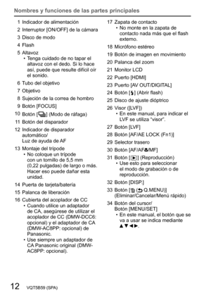 Page 12Nombres y funciones de las partes principales
12   VQT5B59 (SPA)
1 Indicador de alimentación
2 Interruptor [ON/OFF] de la cámara
3 Disco de modo
4 Flash
5 Altavoz
 • T
enga cuidado de no tapar el 
altavoz con el dedo. Si lo hace 
así, puede que resulte difícil oír 
el sonido.
6 Tubo del objetivo
7 Objetivo
8 Sujeción de la correa de hombro
9 Botón [FOCUS]
10 Botón [
 
 ] (Modo de ráfaga)
1
1 Botón del disparador
12 Indicador de disparador  automático/ 
Luz de ayuda de AF
13 Montaje del trípode
 • No...