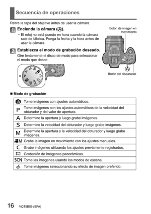 Page 1616   VQT5B59 (SPA)
Secuencia de operaciones
Retire la tapa del objetivo antes de usar la cámara.
Encienda la cámara ().
 • El reloj no está puesto en hora cuando la cámara sale de fábrica. Ponga la fecha y la hora antes de 
usar la cámara.
Botón de imagen en 
movimiento
Botón del disparador
Establezca el modo de grabación deseado.
Gire lentamente el disco de modo para seleccionar 
el modo que desee. 
 ■Modo de grabación
Tome imágenes con ajustes automáticos.
Tome imágenes con los ajustes automáticos de...