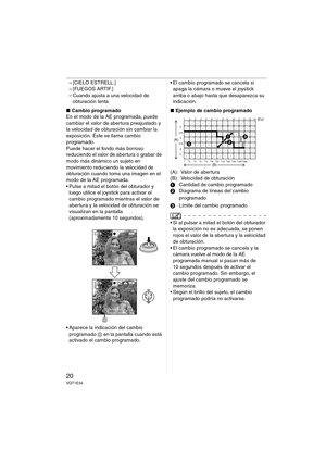 Page 2020VQT1E34
– [CIELO ESTRELL.]
– [FUEGOS ARTIF.]
– Cuando ajusta a una velocidad de 
obturación lenta
∫Cambio programado
En el modo de la AE programada, puede 
cambiar el valor de abertura preajustado y 
la velocidad de obturación sin cambiar la 
exposición. Éste se llama cambio 
programado.
Puede hacer el fondo más borroso 
reduciendo el valor de abertura o grabar de 
modo más dinámico un sujeto en 
movimiento reduciendo la velocidad de 
obturación cuando toma una imagen en el 
modo de la AE programada....