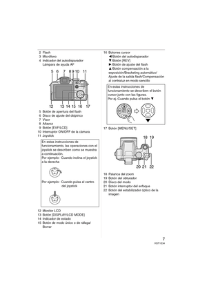 Page 77VQT1E34
2Flash
3 Micrófono
4 Indicador del autodisparador
Lámpara de ayuda AF
5 Botón de apertura del flash
6 Disco de ajuste del dióptrico
7Visor
8Altavoz
9 Botón [EVF/LCD]
10 Interruptor ON/OFF de la cámara
11 Joystick
12 Monitor LCD
13 Botón [DISPLAY/LCD MODE]
14 Indicador de estado
15 Botón de modo único o de ráfaga/
Borrar16 Botones cursor
2/Botón del autodisparador
4/Botón [REV]
1/Botón de ajuste del flash
3/Botón compensación a la 
exposición/Bracketing automático/
Ajuste de la salida...