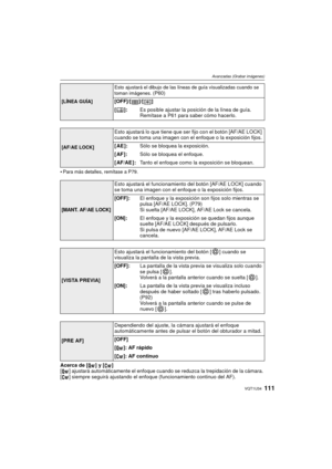 Page 111111VQT1U34
Avanzadas (Grabar imágenes)
Para más detalles, remítase a P79.
Acerca de [ ] y [ ]
[ ] ajustará automáticamente el enfoque cuando se reduzca la trepidación de la cámara. 
[ ] siempre seguirá ajustando el enfoque (funcionamiento continuo del AF).
[LÍNEA GUÍA]Esto ajustará el dibujo de las líneas de guía visualizadas cuando se 
toman imágenes.
 (P60)
[OFF]/[ ]/[ ]
[]: Es posible ajustar la posición de la línea de guía. 
Remítase a P61 para saber cómo hacerlo.
[AF/AE LOCK]
Esto ajustará lo que...